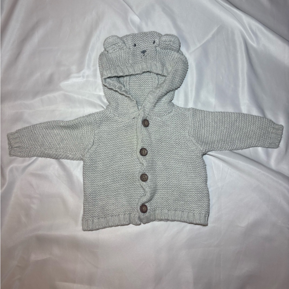 Carter's Baby 3 Months Beige Knit Hoodie with Bear Ears  Soft Button-Up Sweater